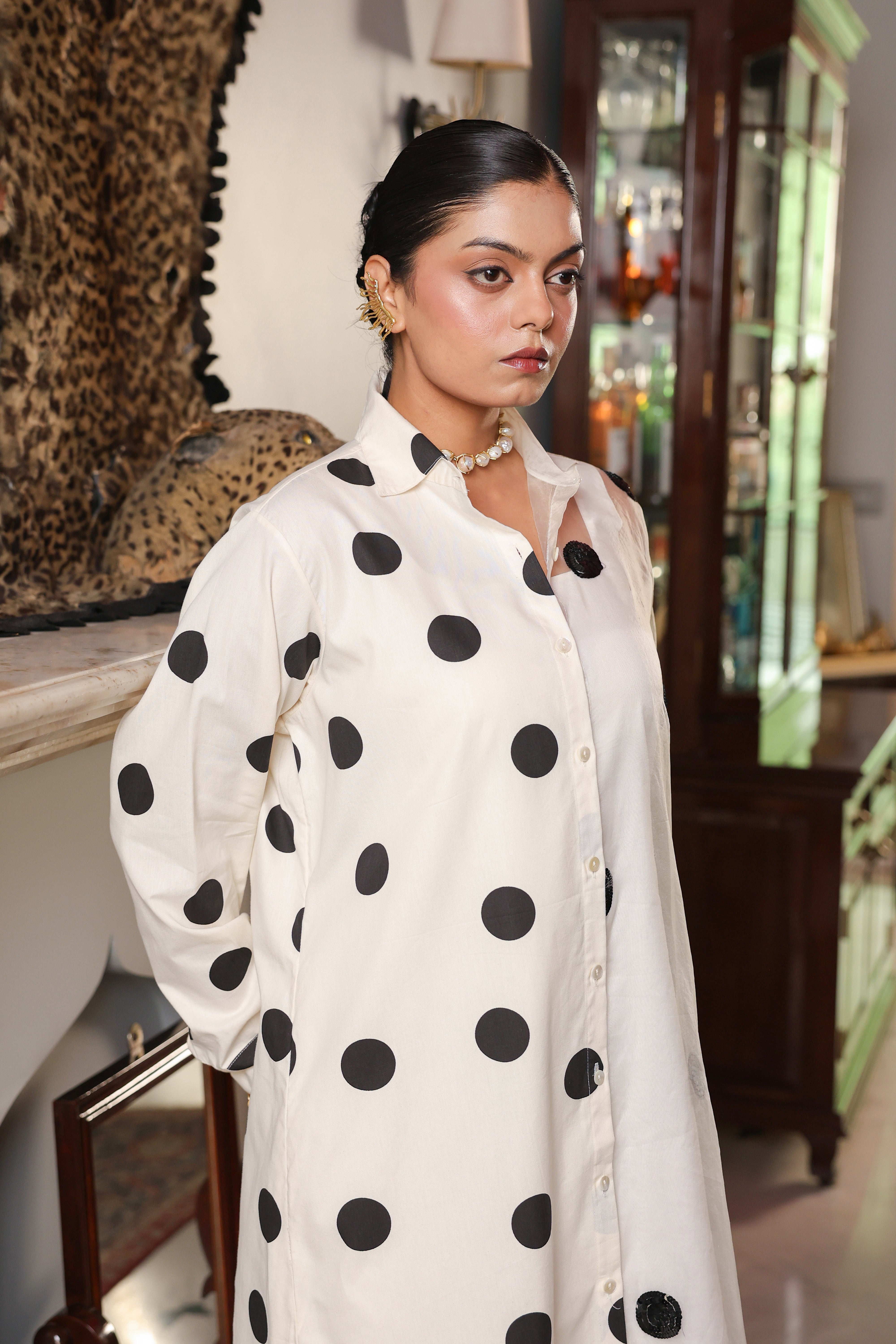 HALF AND HALF POLKA SHIRT DRESS